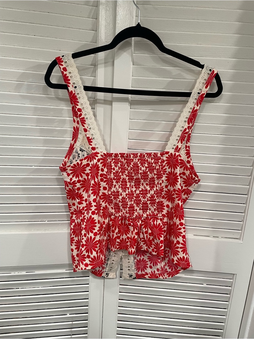 NWT Free People Red, Black & Cream Floral Lace-Trim Tie-Front Top - Picture 3 of 7